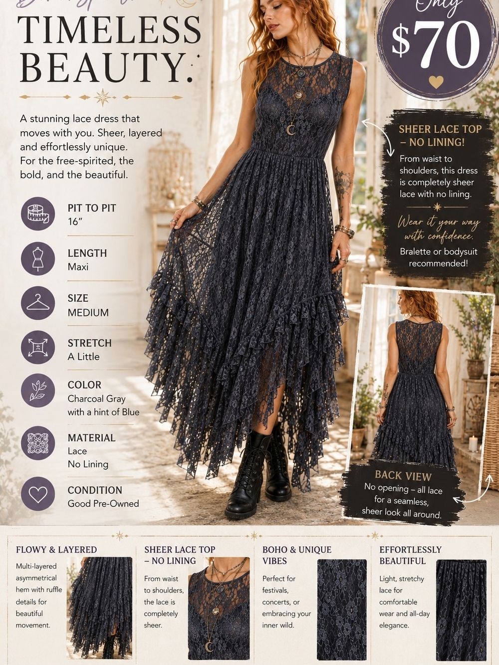 Sheer Charcoal Gray Lace Maxi Dress
